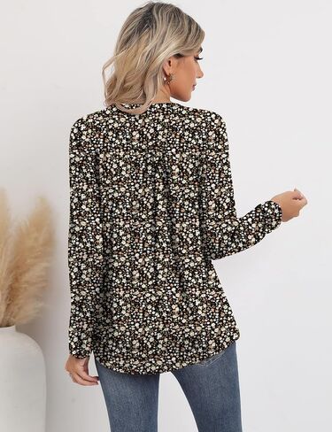Womens Long Sleeve V Neck Henley Tops Roll up 3/4 Sleeve Pleated Shirts Ladies Loose Button-up Blouses Dressy Casual Tunic in Saudi Arabia