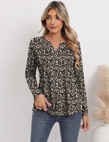 Womens Long Sleeve V Neck Henley Tops Roll up 3/4 Sleeve Pleated Shirts Ladies Loose Button-up Blouses Dressy Casual Tunic in Saudi Arabia