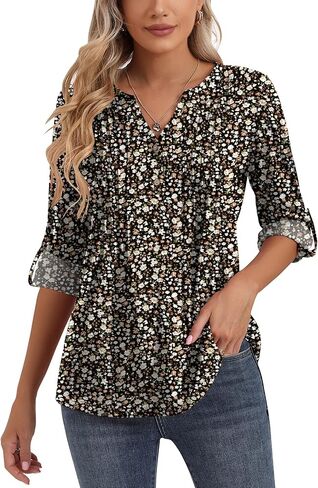 Womens Long Sleeve V Neck Henley Tops Roll up 3/4 Sleeve Pleated Shirts Ladies Loose Button-up Blouses Dressy Casual Tunic in Saudi Arabia