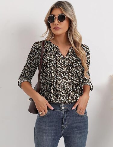 Womens Long Sleeve V Neck Henley Tops Roll up 3/4 Sleeve Pleated Shirts Ladies Loose Button-up Blouses Dressy Casual Tunic in Saudi Arabia