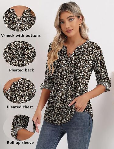 Womens Long Sleeve V Neck Henley Tops Roll up 3/4 Sleeve Pleated Shirts Ladies Loose Button-up Blouses Dressy Casual Tunic in Saudi Arabia