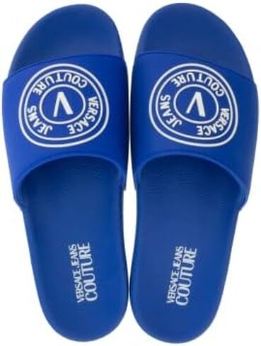 Versace Jeans Couture Electric Blue Logo Print Wide Strap Slide- for mens in Saudi Arabia