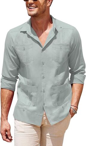 COOFANDY Men's Long Sleeve Cuban Guayabera Shirt Casual Button Down Cotton Linen Beach Wedding Shirt in Saudi Arabia