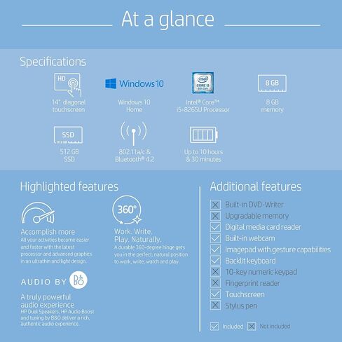HP Pavilion X360 14-Inch Convertible Touchscreen Laptop, 8th Gen Intel Core I5-8265U, 8 GB RAM, 512 GB Solid-State Drive, Windows 10 Home (14-cd1020nr, Natural Silver) in Saudi Arabia