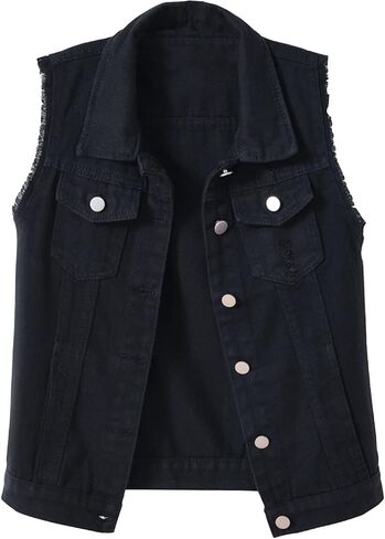Locachy Women's Casual Denim Vest Jacket Slim Fit Sleeveless Ripped Tops in Kuwait