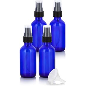 JUVITUS 2 oz Cobalt Blue Glass Boston Round Black Treatment Pump Bottle + Funnel (4 Pack)