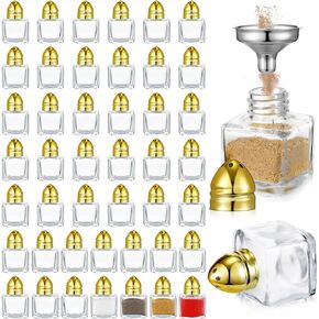 50 Pcs 0.5 oz Mini Salt and Pepper Shakers Salt and Pepper Grinder Set and 2 Funnels, Glass Body, Cube Shape, Tone Tops for Wedding Party (Gold)