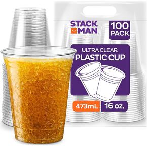 Stack Man [100 Pack - 12 oz.] Clear Disposable Plastic Cups PET Crystal Clear Disposable 12oz Plastic Cups