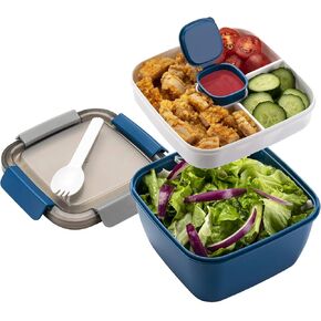 Freshmage Salad Lunch Container To Go, 52-oz Salad Bowls with 3 Compartments, Salad Dressings Container for Salad Toppings, Snacks, Men, Women (Blue)