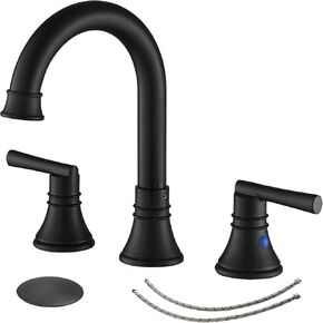 Bathfinesse 8 Inch 2 Handle 3 Hole Widespread Bathroom Faucet Gooseneck Bathroom Sink Faucets & Parts Metal Pop Up Drain Assembly Supply Hose Lead-Free,Matte Black