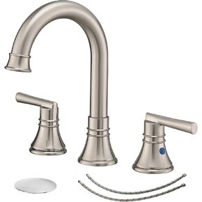 Bathfinesse 8 Inch 2 Handle 3 Hole Widespread Bathroom Faucet Gooseneck Bathroom Sink Faucets & Parts Metal Pop Up Drain Assembly Supply Hose Lead-Free,Matte Black