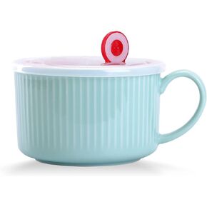 WHJY 30oz Ceramic Bowl with Lid and Handle for Soup and Instant Noodles Soup Mug, Modern Simple Style, with Heat Preservation Handle - Blue