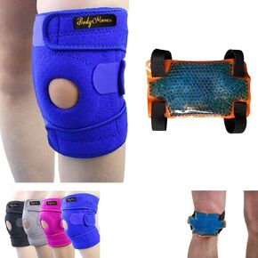 BodyMoves Kid's Knee Brace Support Plus Hot and Cold Ice gel Pack for stabilizing patella meniscus tear ligament injury prevention (SPORTY BLACK)