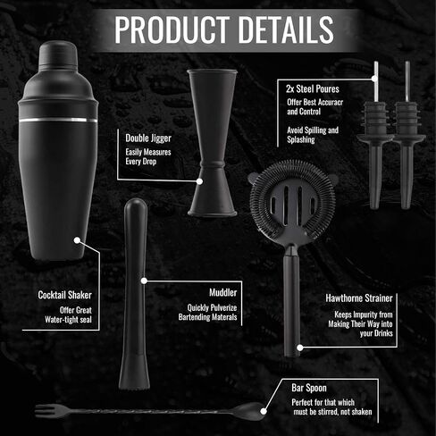 Cocktail Shaker Set, 24 Ounce Drink Mixer Shaker with Accessories, Bartender Kit Bar Set Including Martini Shaker, Mojito Muddler, Jigger, Mixing Spoon, Strainer, 2 Pour Spouts (Matte Black) in Saudi Arabia