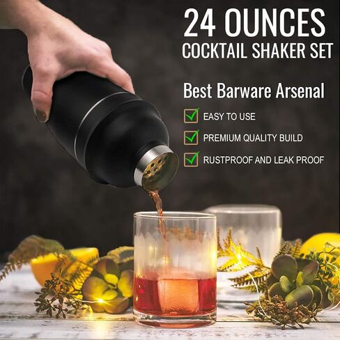 Cocktail Shaker Set, 24 Ounce Drink Mixer Shaker with Accessories, Bartender Kit Bar Set Including Martini Shaker, Mojito Muddler, Jigger, Mixing Spoon, Strainer, 2 Pour Spouts (Matte Black) in Saudi Arabia