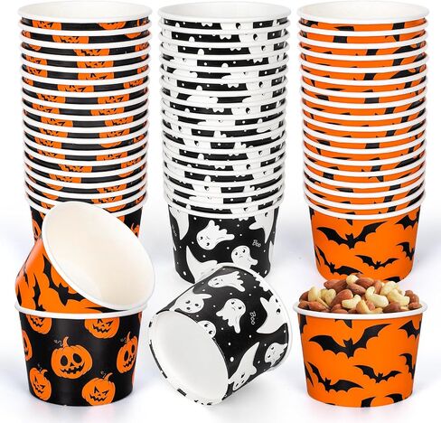 Whaline 60Pcs Halloween Treat Snack Cups Grimace Pumpkin Ghost Bat Pattern Disposable Paper Bowls 9oz Orange Black Paper Cups Dessert Ice Cream Bowls for Halloween Movie Party Favor Supplies, 3 Style in Saudi Arabia
