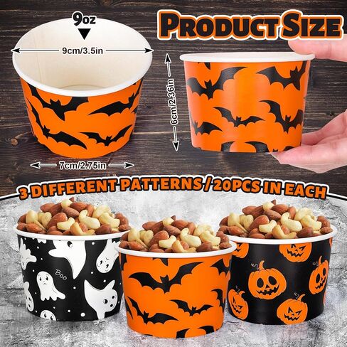 Whaline 60Pcs Halloween Treat Snack Cups Grimace Pumpkin Ghost Bat Pattern Disposable Paper Bowls 9oz Orange Black Paper Cups Dessert Ice Cream Bowls for Halloween Movie Party Favor Supplies, 3 Style in Saudi Arabia