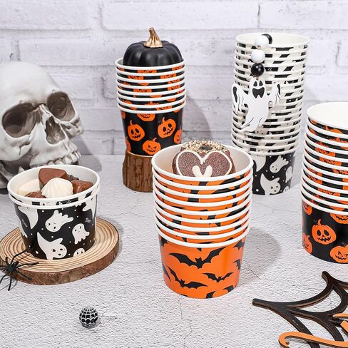 Whaline 60Pcs Halloween Treat Snack Cups Grimace Pumpkin Ghost Bat Pattern Disposable Paper Bowls 9oz Orange Black Paper Cups Dessert Ice Cream Bowls for Halloween Movie Party Favor Supplies, 3 Style in Saudi Arabia