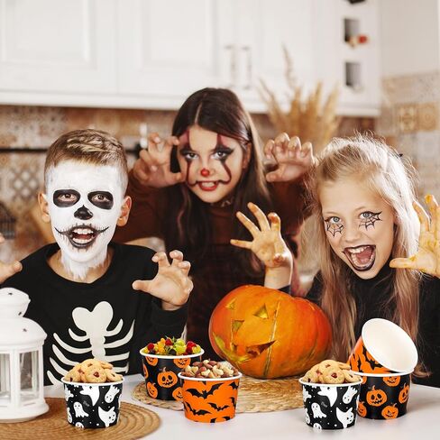 Whaline 60Pcs Halloween Treat Snack Cups Grimace Pumpkin Ghost Bat Pattern Disposable Paper Bowls 9oz Orange Black Paper Cups Dessert Ice Cream Bowls for Halloween Movie Party Favor Supplies, 3 Style in Saudi Arabia