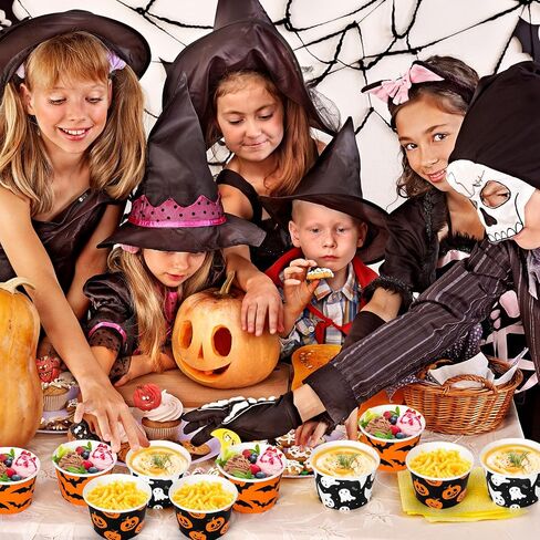 Whaline 60Pcs Halloween Treat Snack Cups Grimace Pumpkin Ghost Bat Pattern Disposable Paper Bowls 9oz Orange Black Paper Cups Dessert Ice Cream Bowls for Halloween Movie Party Favor Supplies, 3 Style in Saudi Arabia