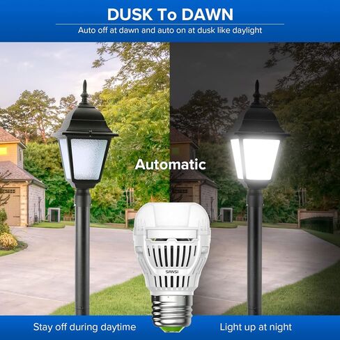 SANSI الغسق إلى الفجر LED لمبة الضوء في الهواء الطلق، 2 حزمة المصابيح الكهربائية A15، 8W (ما يعادل 60W)، ETL المدرجة، 800 لومن E26 5000K ضوء النهار، مستشعر الضوء التلقائي تشغيل / إيقاف للإضاءة الخارجية ساحة المرآب الشرفة in Kuwait