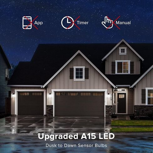 SANSI الغسق إلى الفجر LED لمبة الضوء في الهواء الطلق، 2 حزمة المصابيح الكهربائية A15، 8W (ما يعادل 60W)، ETL المدرجة، 800 لومن E26 5000K ضوء النهار، مستشعر الضوء التلقائي تشغيل / إيقاف للإضاءة الخارجية ساحة المرآب الشرفة in Kuwait