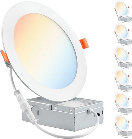 بارميدا (6 عبوات) مصباح سقف غائر LED رفيع للغاية مقاس 6 بوصات مع صندوق وصلات، 5 ألوان CCT يمكن اختيارها 2700K/3000K/3500K/4000K/5000K، 12 وات، إضاءة سفلية رفيعة من الرقاقة الخافتة للضوء، تصنيف IC، ETL in Kuwait