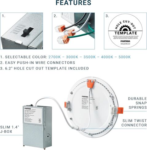 بارميدا (6 عبوات) مصباح سقف غائر LED رفيع للغاية مقاس 6 بوصات مع صندوق وصلات، 5 ألوان CCT يمكن اختيارها 2700K/3000K/3500K/4000K/5000K، 12 وات، إضاءة سفلية رفيعة من الرقاقة الخافتة للضوء، تصنيف IC، ETL in Kuwait