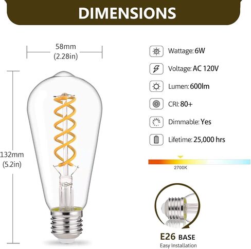 مصابيح YIMILITE ST58 (ST19) LED Edison مكافئة 60 وات، CRI 80+، زجاج شفاف أبيض ناعم عالي السطوع 2700K، مصابيح LED عتيقة قابلة للتعتيم، قاعدة متوسطة E26، 6 عبوات in Kuwait
