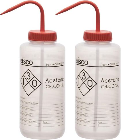 EISCO 2PK Wash Bottles for Acetone, 1000ml - Labeled with Chemical Information & Safety Information (1 Color) - Wide Mouth, Self Venting, Low Density Polyethylene - Performance Plastics Labs in Saudi Arabia