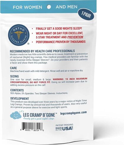 Sleeper Sleeves Can Stop and Prevent Night Leg and Foot Cramps - The Original Easy On, Easy Off - Made in USA - Maximum Calf Size - 14 1/2 INCH Circumference - DO NOT Exceed, Pain Will Increase in Saudi Arabia