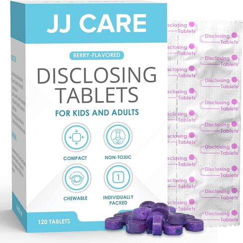 JJ Care Disclosing Tablets - 120 Count of Teeth Coloring Plaque Disclosing Tablets, Berry Flavored Dental Disclosing Tablets for Kids and Adults, Individually Wrapped Plaque Tablets in Saudi Arabia