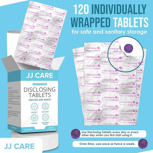 JJ Care Disclosing Tablets - 120 Count of Teeth Coloring Plaque Disclosing Tablets, Berry Flavored Dental Disclosing Tablets for Kids and Adults, Individually Wrapped Plaque Tablets in Saudi Arabia