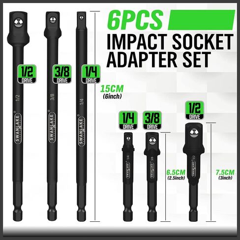 SWANLAKE 6-PCS Impact Grade Socket Adapter Set, 3-Inch and 6-Inch Hex Shank Impact Driver Socket Adapter, Socket to Drill Adapter 1/4" 3/8" 1/2" Impact Driver Adapter in Saudi Arabia
