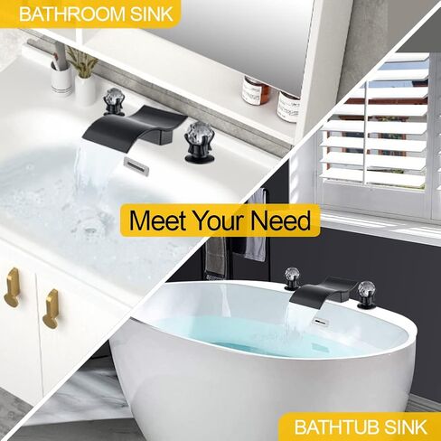 Bathroom Faucet with 2 Crystal Knob Handle, 3 Hole 8 Inch Deck Mount Widespread Waterfall Sink Faucet for Bathroom Sink or Bathtub, Brushed Gold in Saudi Arabia