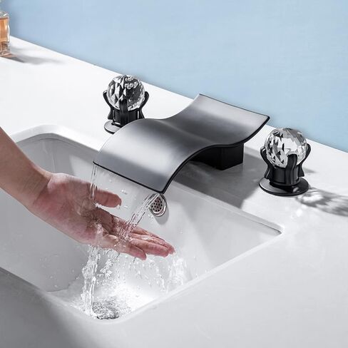 Bathroom Faucet with 2 Crystal Knob Handle, 3 Hole 8 Inch Deck Mount Widespread Waterfall Sink Faucet for Bathroom Sink or Bathtub, Brushed Gold in Saudi Arabia