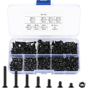 Countersunk Head Screws and Hex Nuts Kit, Black Flat Head Phillips Machine Screws Bolts and Hex Nuts Set, 360 Pcs, M3 x 4mm/ 6mm/ 8mm/ 10mm/ 12mm/ 16mm / 20mm in Kuwait
