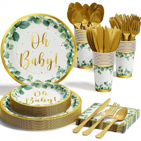 Ecomore Sage Greenery Baby Shower Party Supplies - 175 PCS Boho Neutral Disposable Dinnerware Set (25 Guest) with OH Baby Paper Plates Napkins Cup Plastic Fork Knives Spoon for Boy Girl Birthday Party