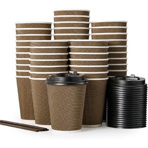 LITOPAK 80 Pack 16 oz Paper Coffee Cups, Insulated Ripple Wall Paper Cups with Lid and Straws, Three Layer Insulated Hot Beverage Cups for Cold/Hot Drinks, Coffee Cups for Parties, Picnic, and Travel.