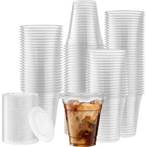 ELEGANT DISPOSABLES [50 Sets - 12 Oz] Crystal Clear Plastic PET Cups With Flat lids for Iced Coffee, Cold Drinks, Milkshake, Slush Cups, Smoothy's, Slurpee, Party's, Plastic Disposable Cups