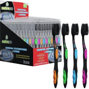 natraco Charcoal Bulk Toothbrushes Individually Wrapped - Deep Clean Charcoal Infused Soft Bristle – Multi Colored Tooth Brush with Covers - for Travel, Kids, Family, Dental Care Etc. 100 Count