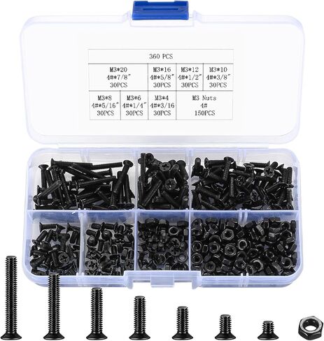 Countersunk Head Screws and Hex Nuts Kit, Black Flat Head Phillips Machine Screws Bolts and Hex Nuts Set, 360 Pcs, M3 x 4mm/ 6mm/ 8mm/ 10mm/ 12mm/ 16mm / 20mm in Kuwait