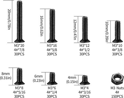 Countersunk Head Screws and Hex Nuts Kit, Black Flat Head Phillips Machine Screws Bolts and Hex Nuts Set, 360 Pcs, M3 x 4mm/ 6mm/ 8mm/ 10mm/ 12mm/ 16mm / 20mm in Kuwait