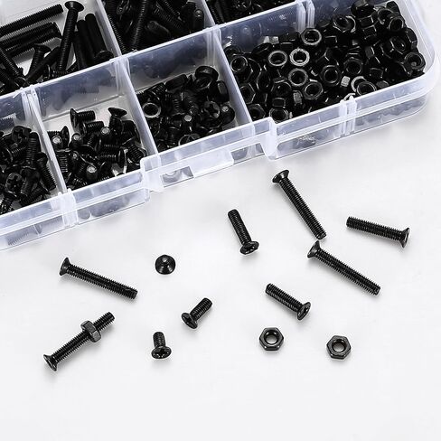 Countersunk Head Screws and Hex Nuts Kit, Black Flat Head Phillips Machine Screws Bolts and Hex Nuts Set, 360 Pcs, M3 x 4mm/ 6mm/ 8mm/ 10mm/ 12mm/ 16mm / 20mm in Kuwait