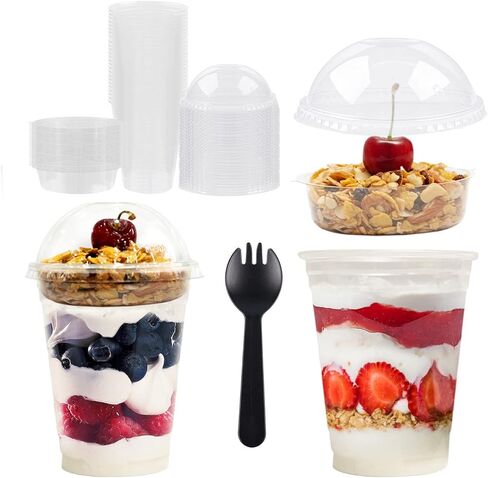 innovative offer Parfait Cups - 12 Oz - 50 Set - Parfait Cups With Dome Lids & Inserts - Reusable Dessert Cups - Spill and Leak Proof - Crystal Clear Plastic Cups With Lids - Dessert Cups With Lids… in Saudi Arabia