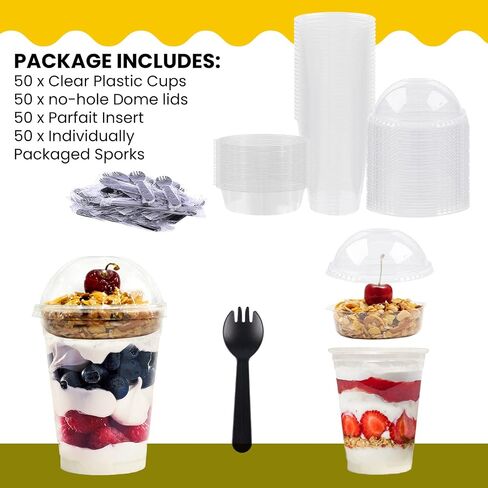 innovative offer Parfait Cups - 12 Oz - 50 Set - Parfait Cups With Dome Lids & Inserts - Reusable Dessert Cups - Spill and Leak Proof - Crystal Clear Plastic Cups With Lids - Dessert Cups With Lids… in Saudi Arabia