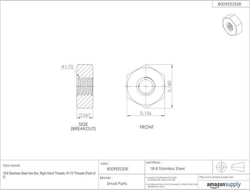 أجزاء صغيرة 18-8 من الفولاذ المقاوم للصدأ بنمط صغير برغي سداسي الشكل، لمسة نهائية سادة، حجم الخيط #1-72، عرض 7/64 بوصة عبر الشقق، سمك 0.067 بوصة (عبوة من 5 قطع) in Kuwait
