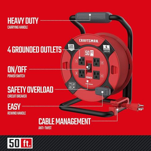 CRAFTSMAN Retractable Extension Cord Reel 1 Ft. With 4 Outlets, Cable Management & Heavy Duty 14AWG SJTW Cable in Kuwait
