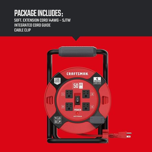 CRAFTSMAN Retractable Extension Cord Reel 1 Ft. With 4 Outlets, Cable Management & Heavy Duty 14AWG SJTW Cable in Kuwait