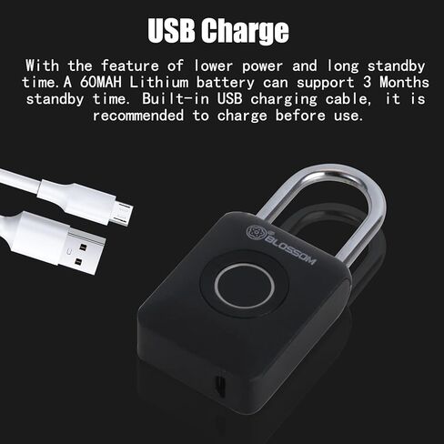 بلوسوم قفل ببصمة الاصبع، اقفال ذكية قابلة لاعادة الشحن بمنفذ USB بدون مفتاح، قفل محمول بدون مفتاح للخزانة وشنطة الظهر وشنطة السفر والخزانة مع بطارية 60mAh in Kuwait